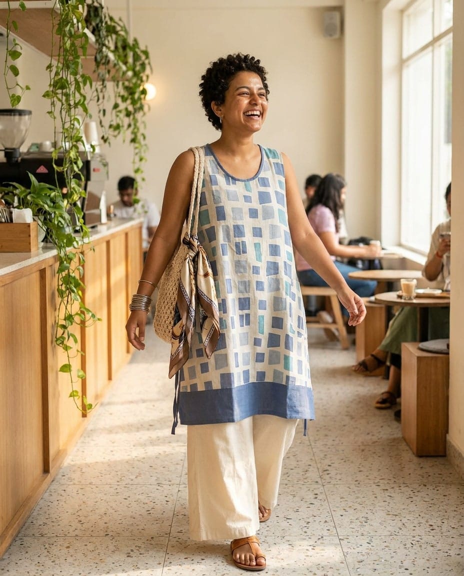 Azure Geometric Linen Dress