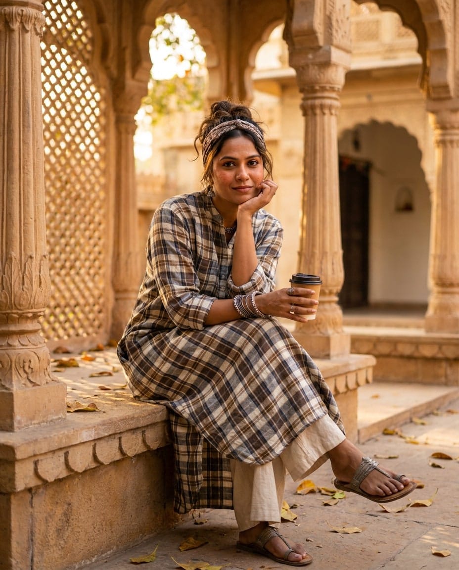 Oversized Check Linen Dress